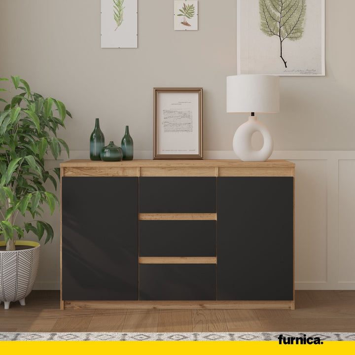 MIKEL - Kommode med 3 skuffer - naturfarvet / antracit-grå H75cm B120cm D35cm