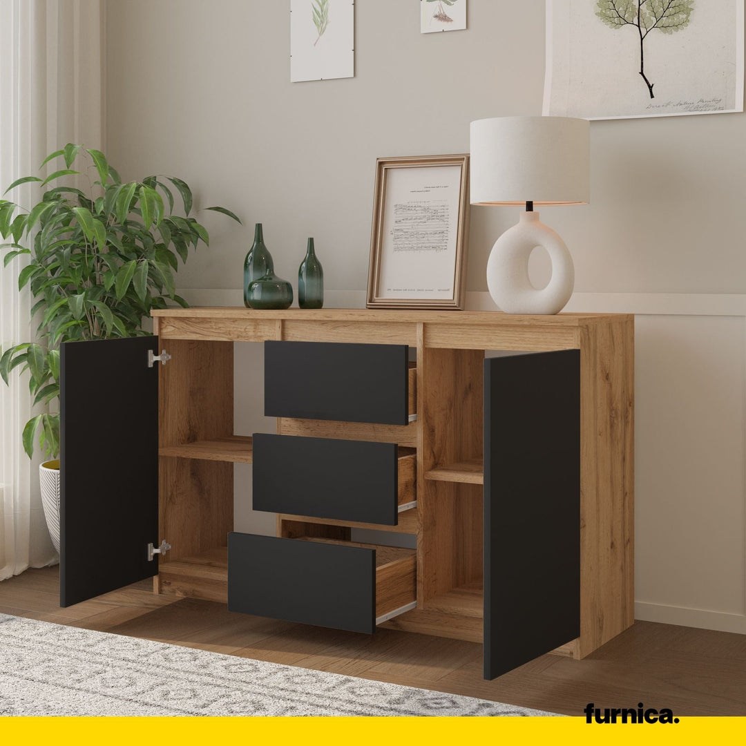 MIKEL - Kommode med 3 skuffer - naturfarvet / antracit-grå H75cm B120cm D35cm