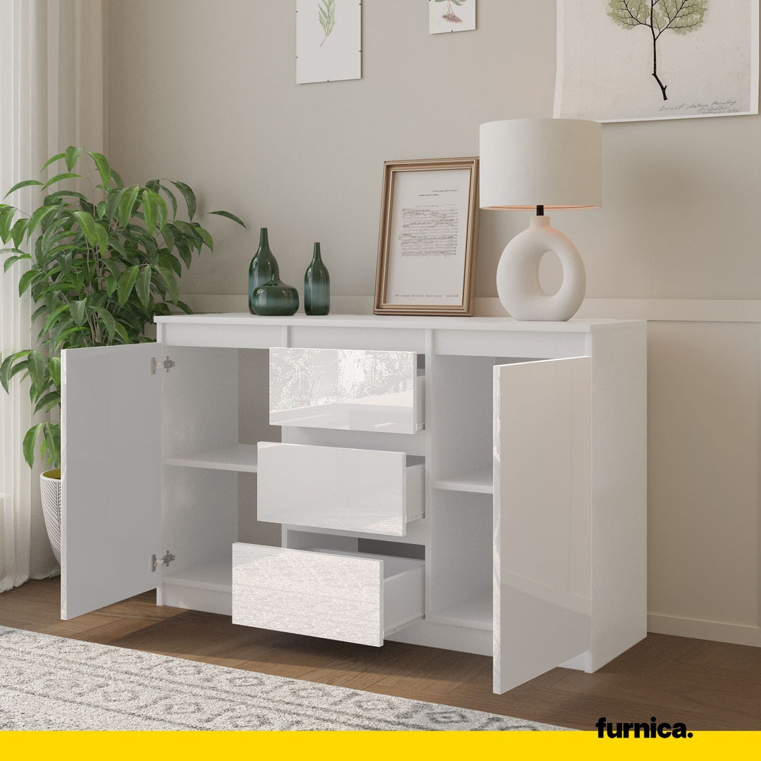 MIKEL - Kommode med 3 skuffer - mat hvid / højglans hvid H75cm B120cm D35cm