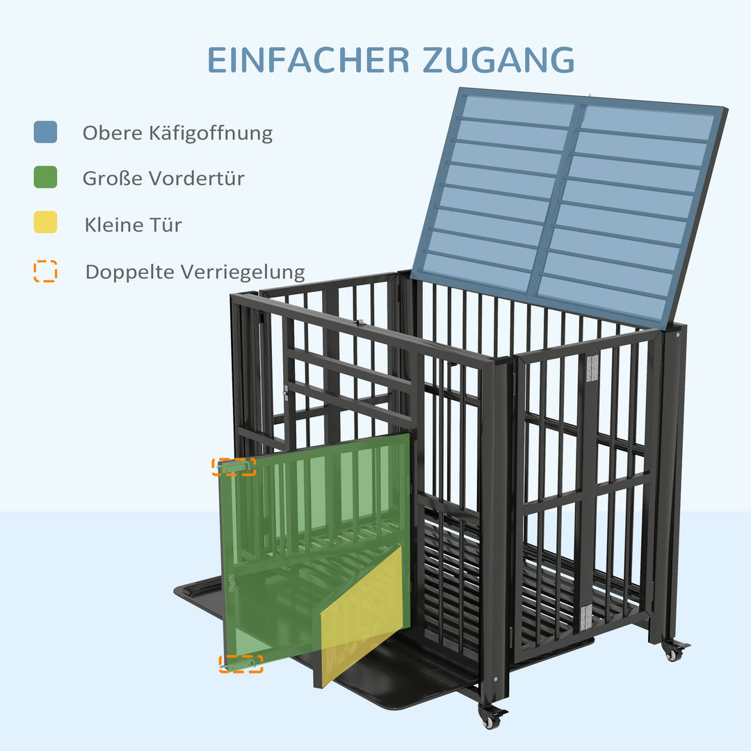 Hundebur, inklusive bundbakke, lås, universalhjul, 94 cm x 58 cm x 78 cm, sort