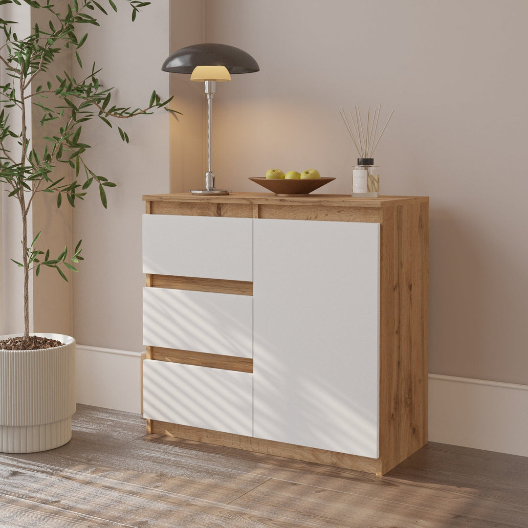 MIKEL - Kommode med 3 skuffer - naturfarvet / mat hvidt H75cm B80cm D35cm