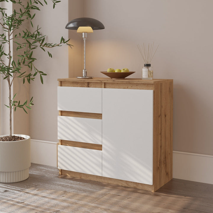 MIKEL - Kommode med 3 skuffer - naturfarvet / mat hvidt H75cm B80cm D35cm