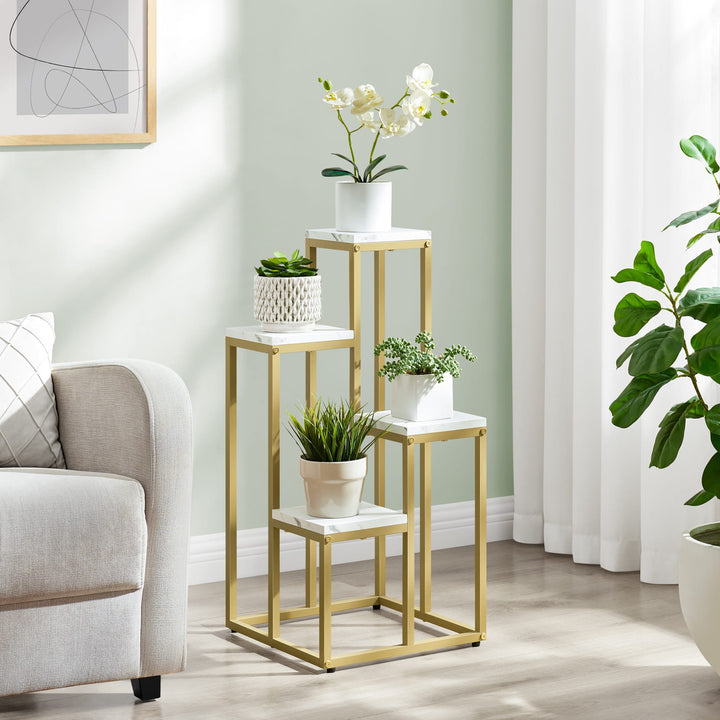 Blomsterstativ med 4 hylder - marmor / guldben