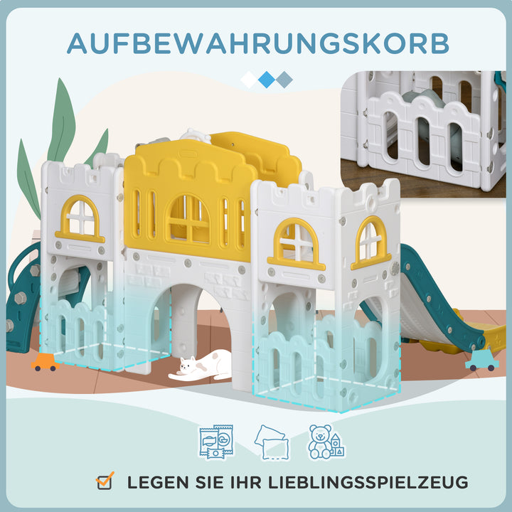 Børnerutsjebane, 7-i-1 legeredskab, med basketball og rat, til 1-3 år, 178 x 177 x 99 cm, gul/hvid/grøn