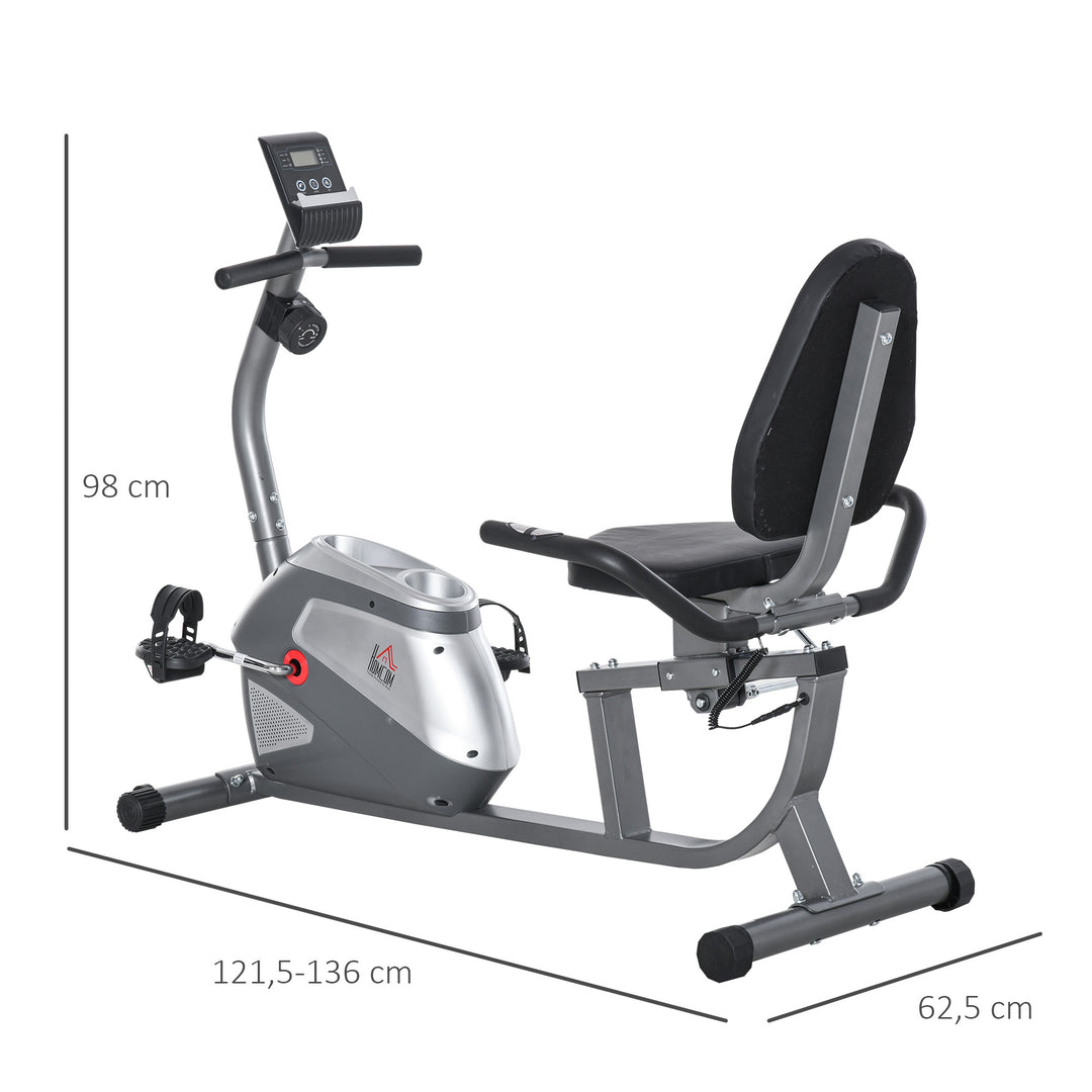 Liggende motionscykel med LCD-display, 8-trins justerbar magnetisk modstand, liggende motionscykel, hjemmetræner med pulsmålere, justerbar ryglæn, liggende motionscykel til seniorer op til 110 kg