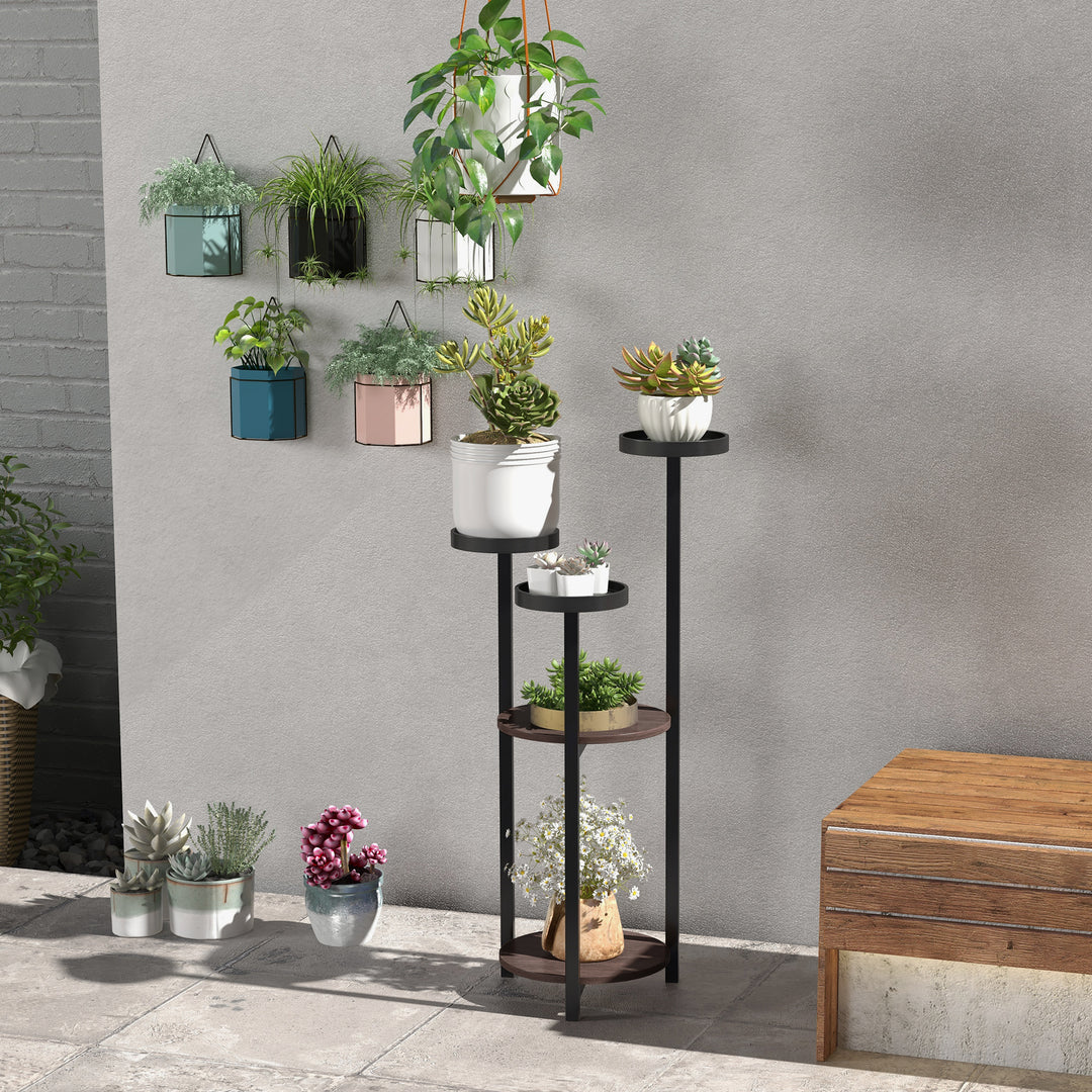 Blomsterstativ, 5 niveauer, til indendørs og udendørs brug, stål + fyrretræ, 28 x 28 x 87 cm, brun/sort