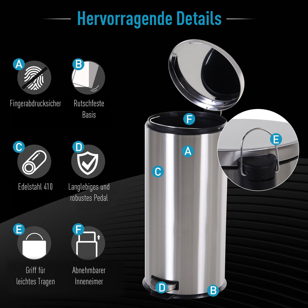 30L skraldespand, pedalspand i rustfrit stål, skraldespand med indvendig spand, skraldespand med låg og fodpedal, til stue, kontor, ø29,2 x 62,5 cm