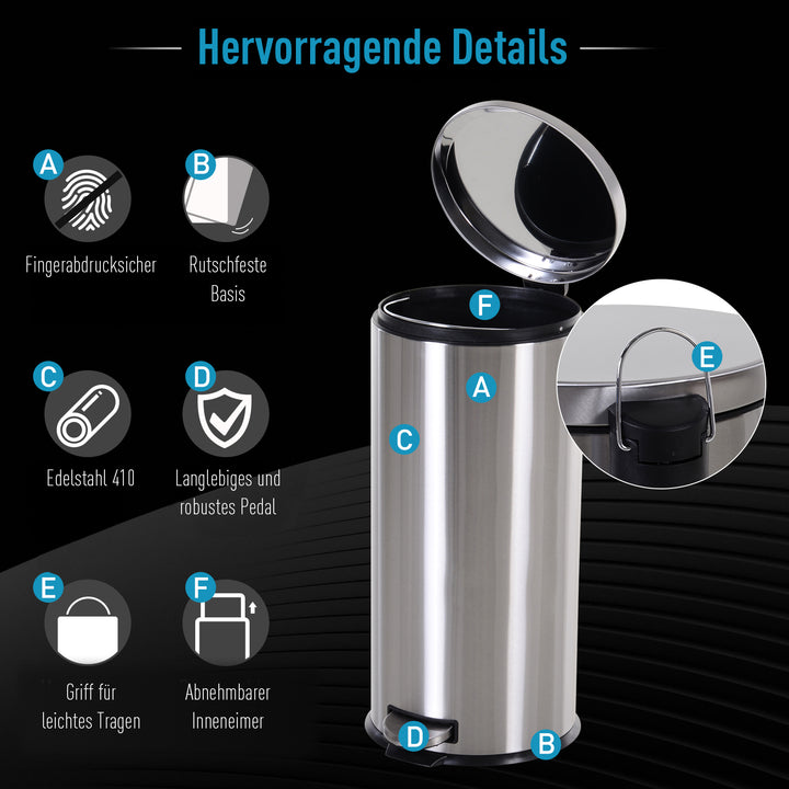 30L skraldespand, pedalspand i rustfrit stål, skraldespand med indvendig spand, skraldespand med låg og fodpedal, til stue, kontor, ø29,2 x 62,5 cm