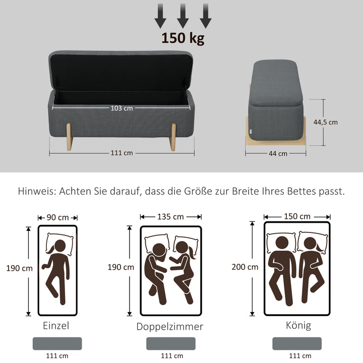 Opbevaringsskammel, skumpolstret sæde, linnedlook, 111 x 44 x 44,5 cm, mørkegrå