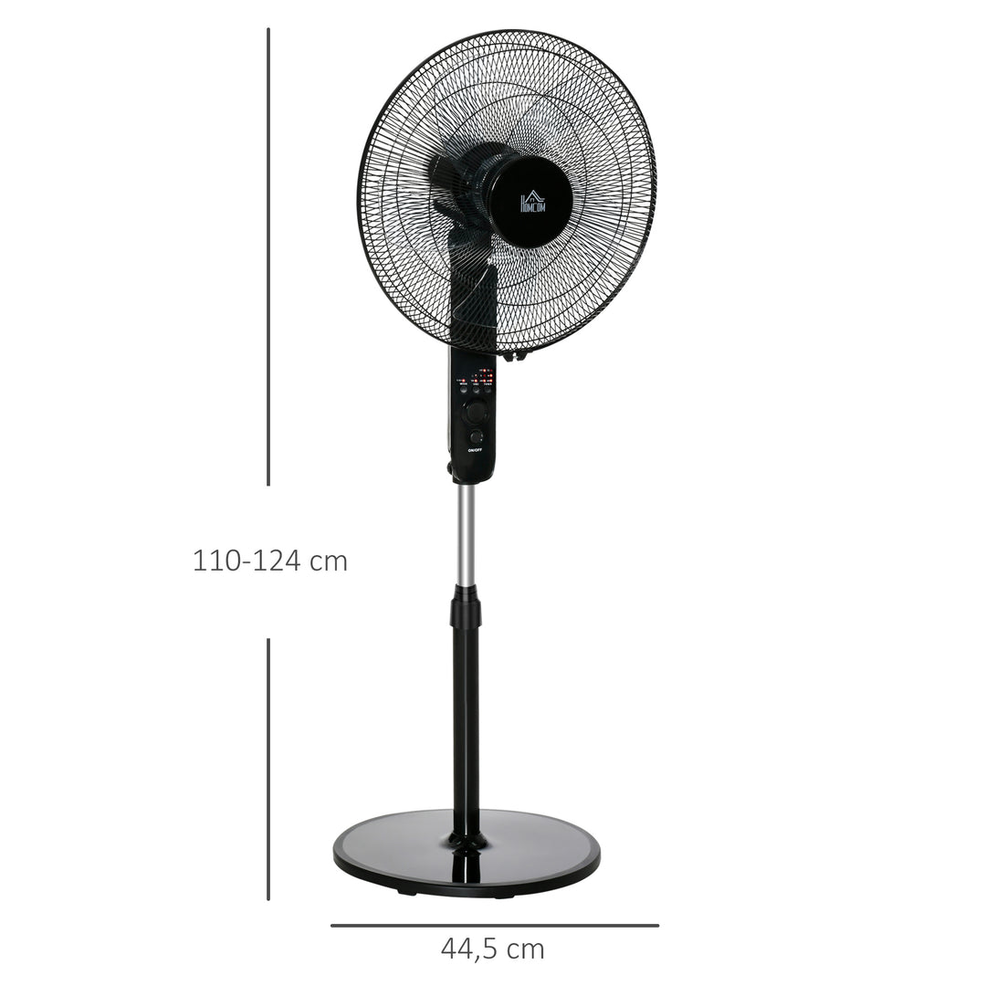 Sokkelventilator med fjernbetjening, højdejusterbar ventilator, 70° oscillerende ventilator, 3 hastighedsindstillinger, justerbar hældningsvinkel, 7,5 timer, Ø44,5 x 110-124 cm, sort