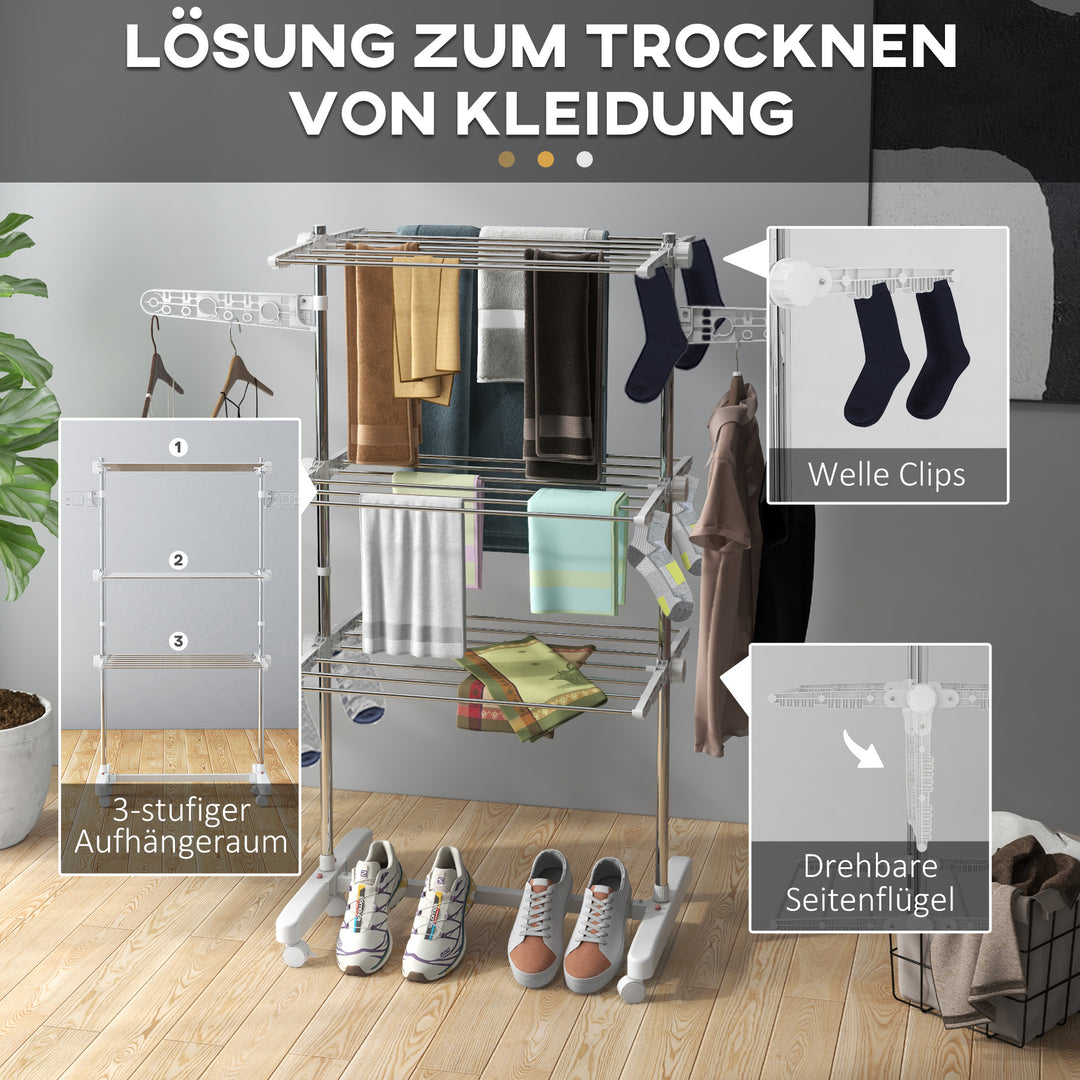 Mobil tørrestativ, tørretumbler, 3 niveauer, foldbar, sølv + hvid