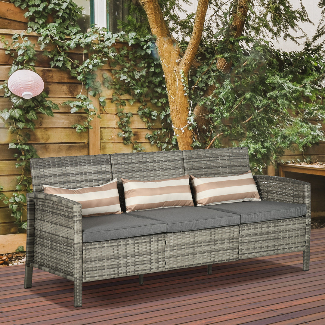 Rattan sofa med hynder, tre-personers, havelounge sofa, stål, grå, 173 x 68 x 78 cm