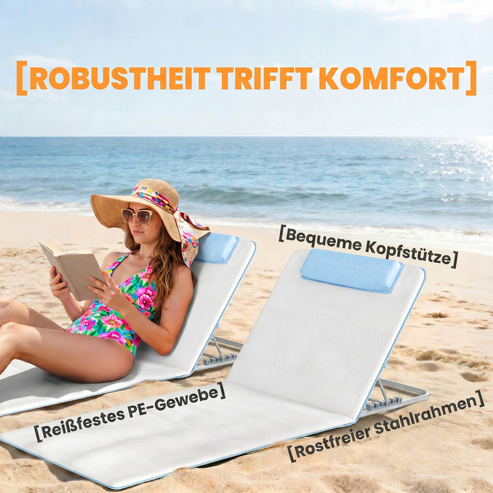 Strandstol, solseng, havestol, foldbar, justerbar ryglæn, sidelomme, 48 cm x 134 cm x 33-43 cm, beige