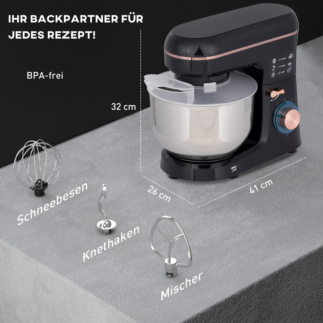 Standmixer, foodprocessor, omrører, 6 hastigheder, 5,5 l skål i rustfrit stål, sort