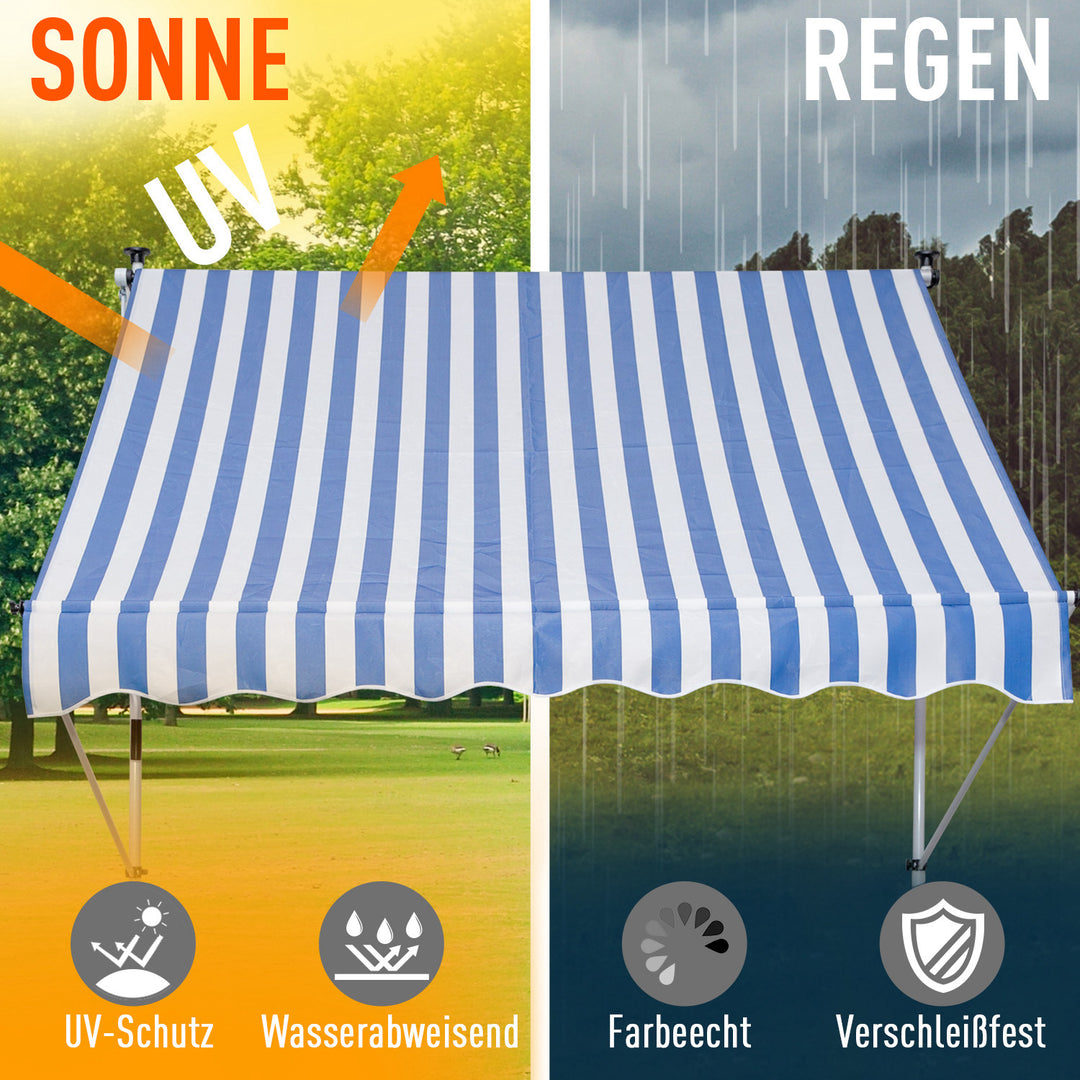 Klemmemarkise med håndsving, højdejusterbar, leddelt armmarkise, smudsafvisende, vejrbestandig, balkonmarkise, 150 cm bred, terrassemarkise til terrasse, altan, veranda, blå og hvid