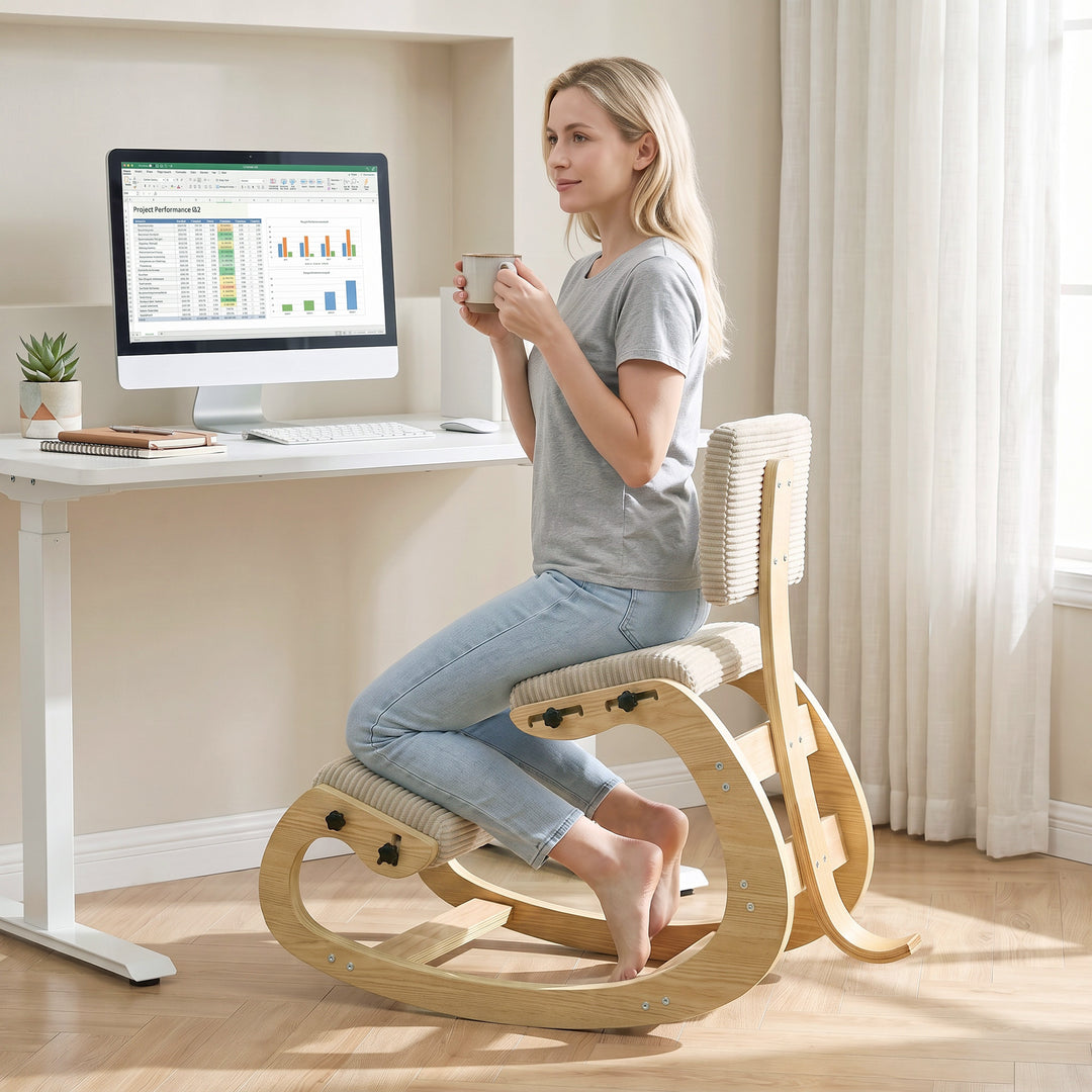 Ergonomisk knælestol med ryglæn, corduroy-look, cremehvid