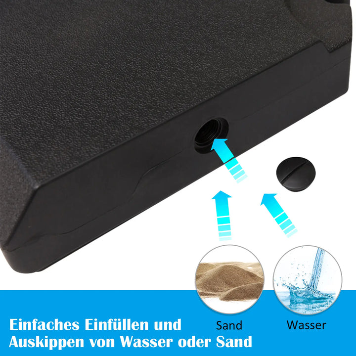 Parasolfod, 4-delt parasolstativ, kan fyldes med 80 kg vand eller 120 kg sand, HDPE, sort, 100 x 100 x 9,5 cm