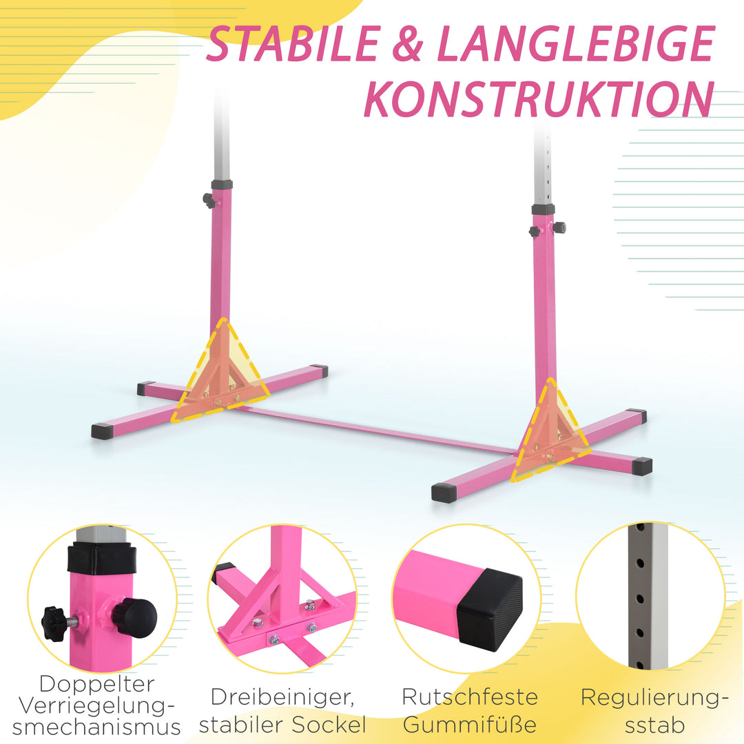 Gymnastikstang til børn, højdejusterbar vandret stang, vandret stang til indendørs og udendørs brug, lavet af træ og robust stålkonstruktion, lasteevne op til 75 kg, til børn fra 3 år, lyserød