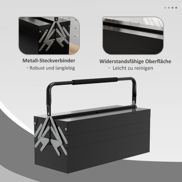 Værktøjskasse, værktøjskuffert med 3 niveauer, stål, 56l x 20b x 41h cm, sort