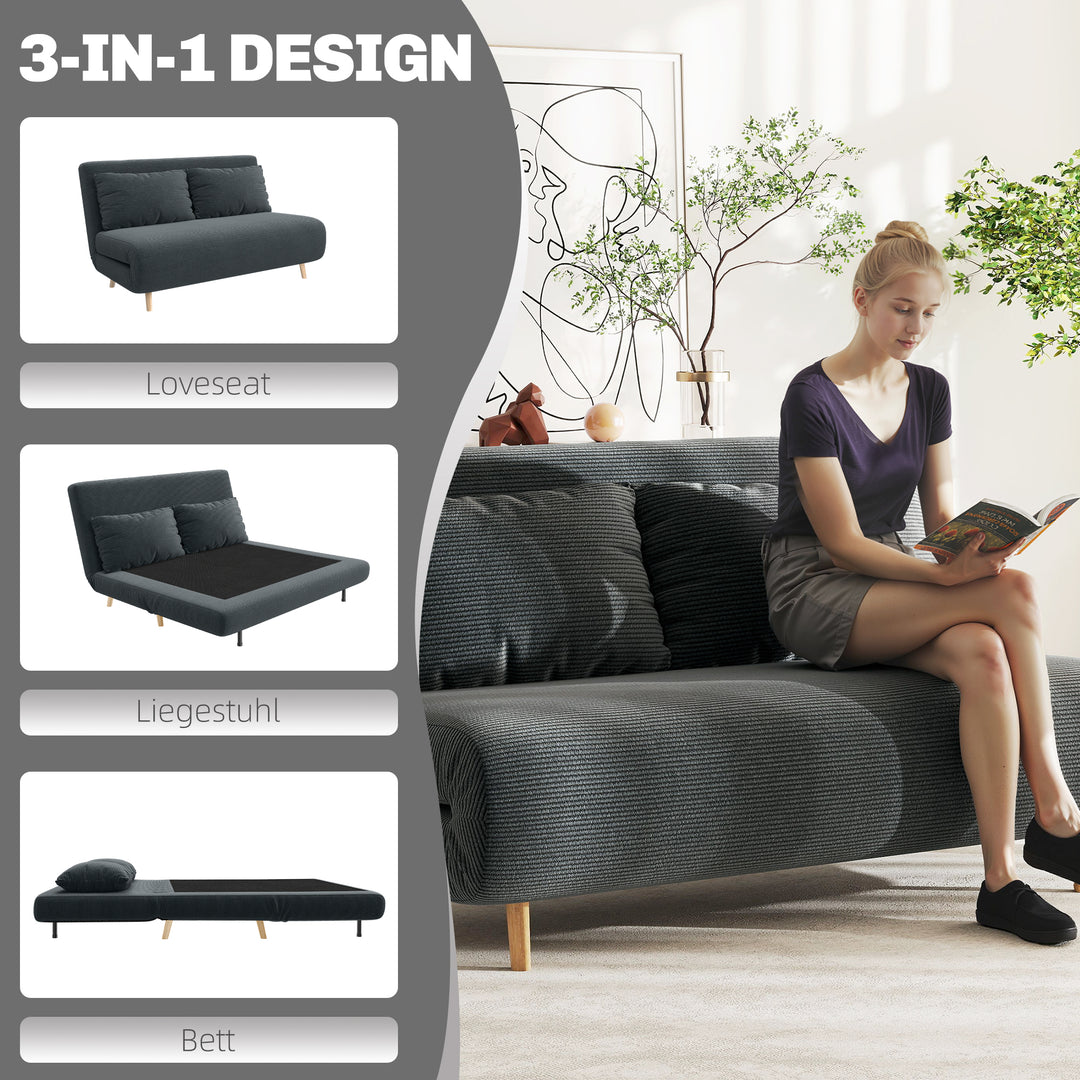 Sovesofa, gæsteseng, 3-positions justerbar ryglæn, corduroy-look, op til 120 kg, 141 x 90 x 81 cm, mørkegrå