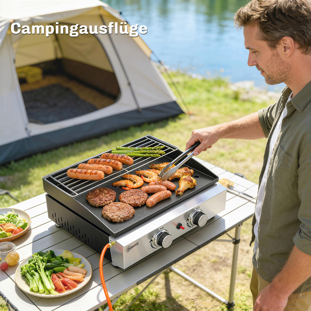 5 kW gasgrill, bærbar bordgrill med 2 brændere, keramisk belægning, grillrist, varmeplade