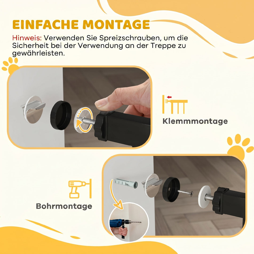 Sikkerhedslåge/trappegitter med 17,5/20,3/30,5 cm forlænger, ingen boring nødvendig, med automatisk lukkemekanisme, til bredder 74-147,5 cm, drejelig på begge sider, metal, sort