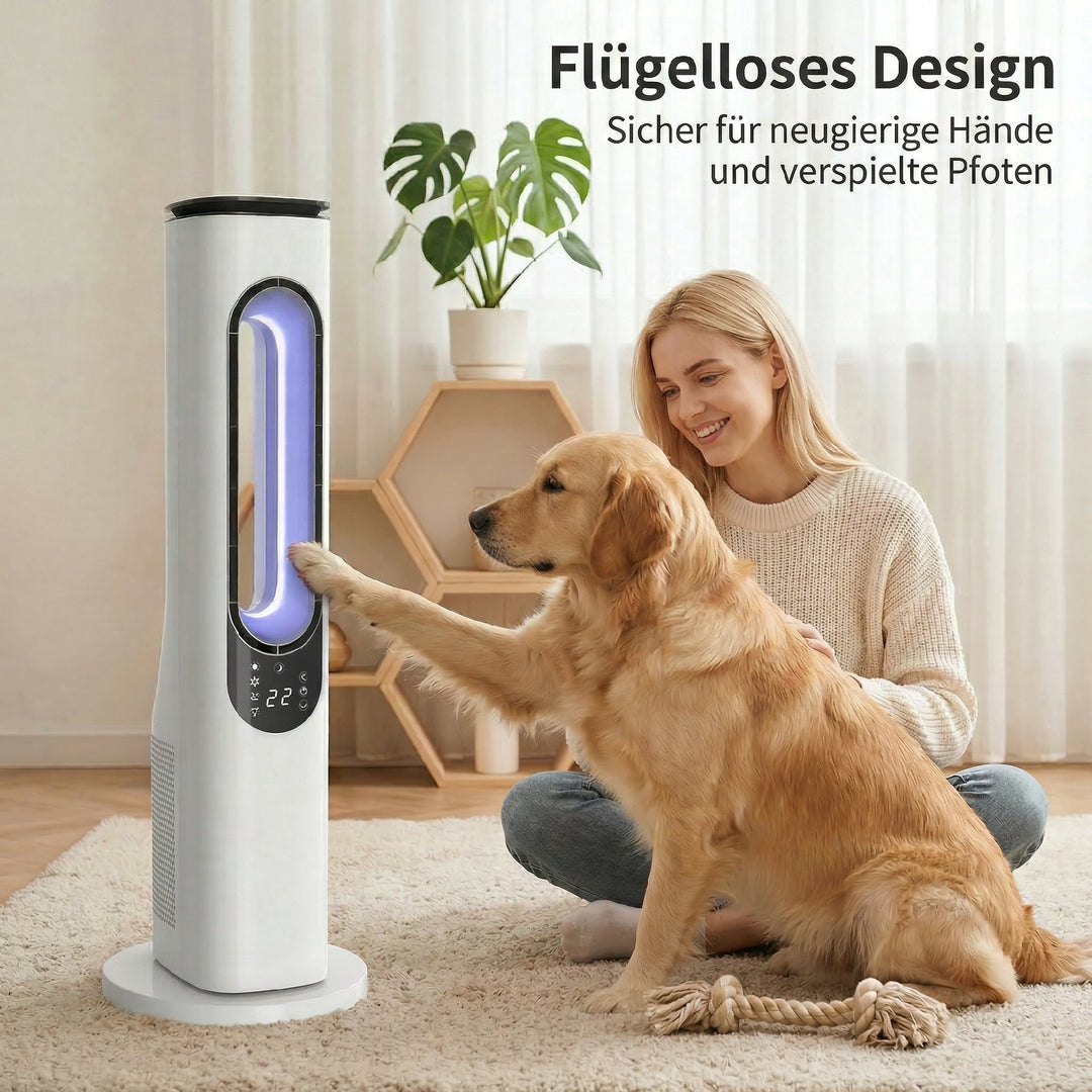 Rotorløs tårnventilator til soveværelser, 35 dB støjsvag standerventilator med 50° oscillation, LED-lys, 3 hastigheder, 15-timers timer, hvid