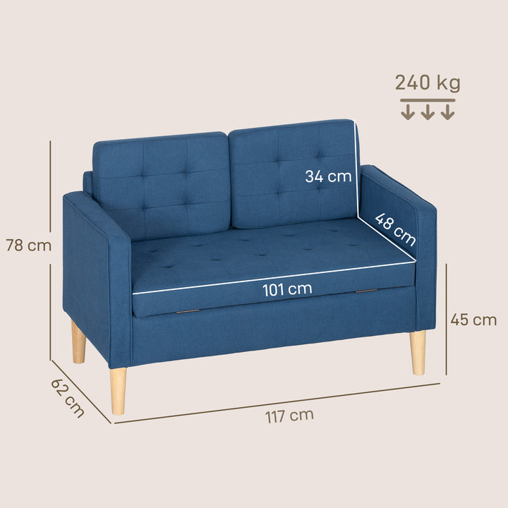 To-personers sofa med opbevaring, knapsyet kant, hynder, gummitræ, 117x62x78 cm, blå