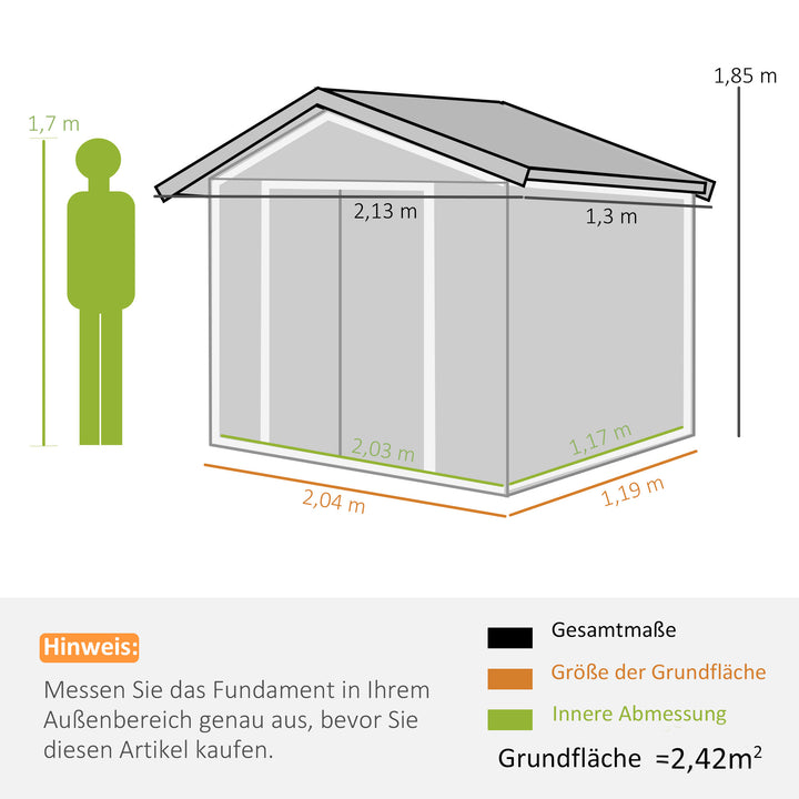 Redskabsskur med skydedøre 2,13 x 1,30 x 1,85 cm metalgrå