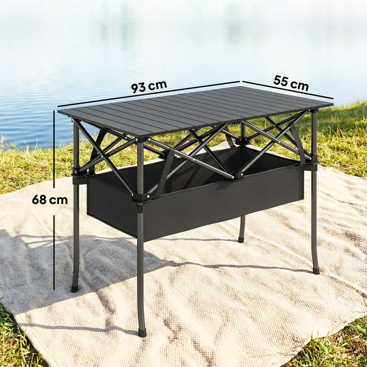 Sammenklappeligt og rulleligt picnicbord, bærbart campingbord med nethylde og bæretaske til udendørs brug, sort