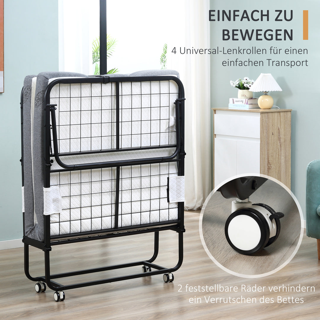 Gæsteseng, sammenklappelig seng, på hjul og med madras, stål, L200 cm