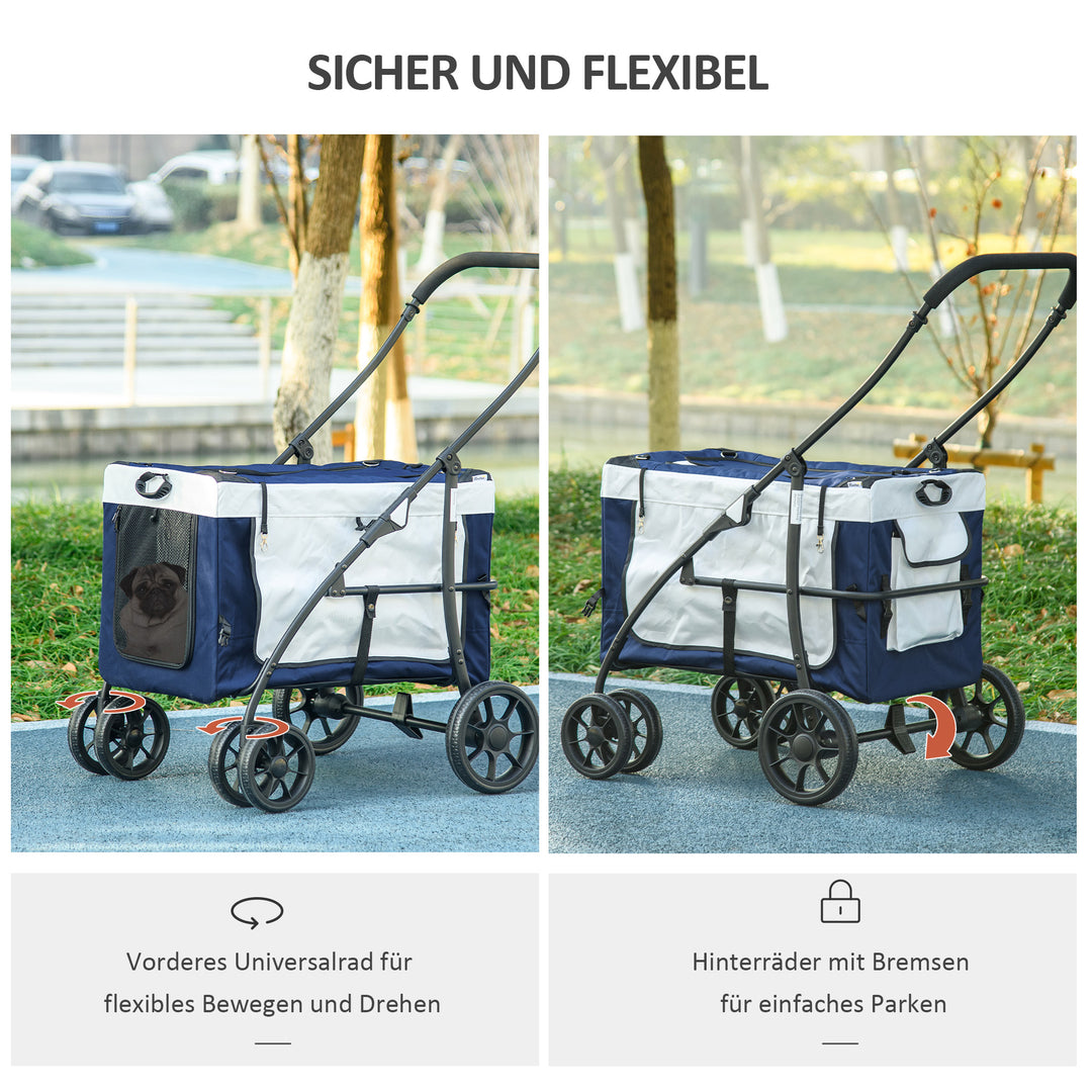 Hundevogn, kæledyrsvogn, kæledyrstransportør op til 10 kg, foldbar, justerbare bærestropper, aftagelig kurv, 81 x 58 x 97,5 cm, sort + blå + hvid