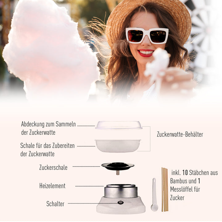 Candyflossmaskine, brugervenlig candyflossmaskine, til voksne og børn, rustfrit stål, pp, hvid