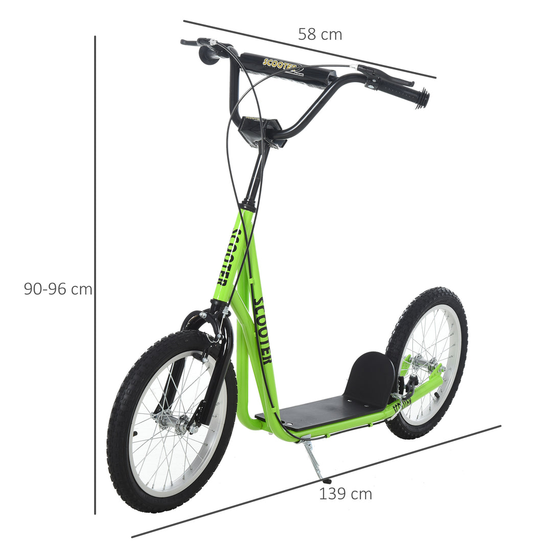 Børnescooter, sparkscooter, city scooter, sparkscooter, børnesparkbræt med luftgummidæk og håndbremse, scooter til børn fra 5 år, 16 tommer, grøn, 139 x 58 x 90-96 cm