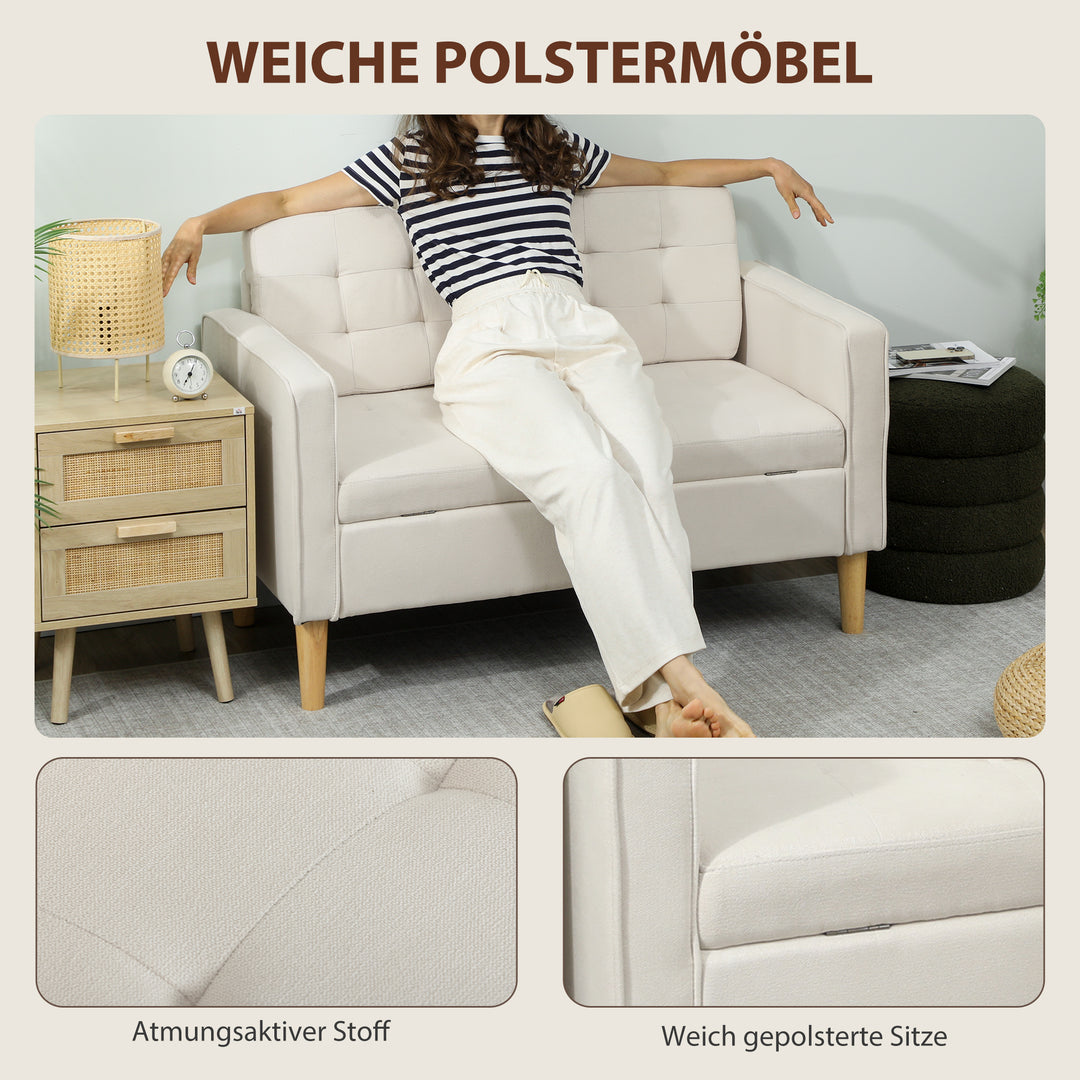 To-personers sofa med opbevaring, knapsyet kant, hynder, gummitræ, 117x62x78 cm, cremehvid