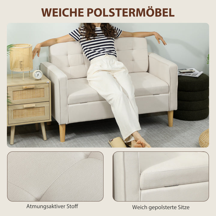 To-personers sofa med opbevaring, knapsyet kant, hynder, gummitræ, 117x62x78 cm, cremehvid