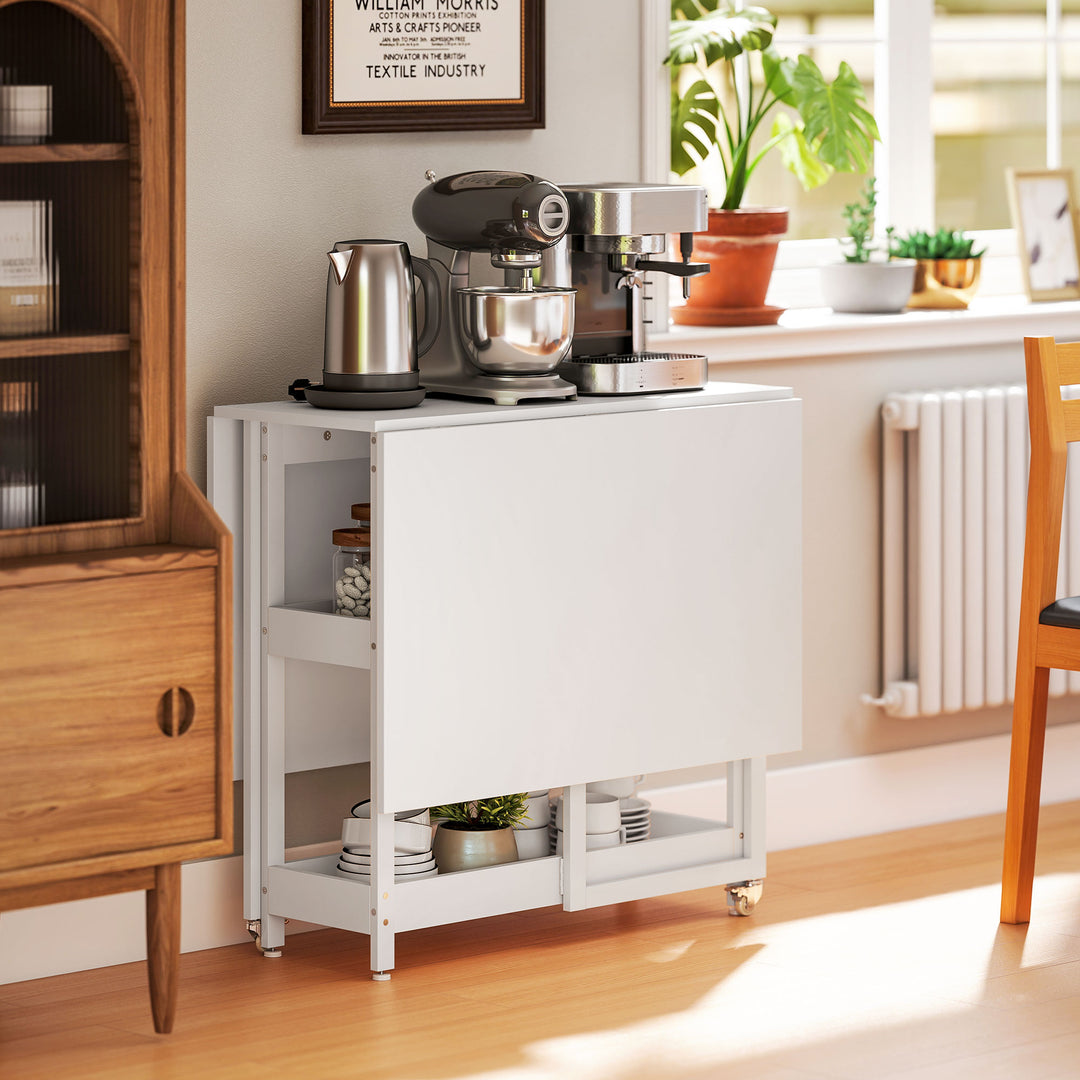 Foldbart spisebord i industrielt design, til op til 4 personer, åbne hylder, fleksibelt, metal, spånplade, hvid