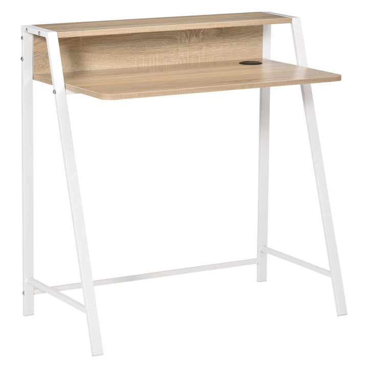 Skrivebord, computerbord med opbevaring og kabelhåndtering, moderne skrivebord med metalramme til studie, soveværelse, hjemmekontor, 84 x 45 x 85 cm, hvid + eg