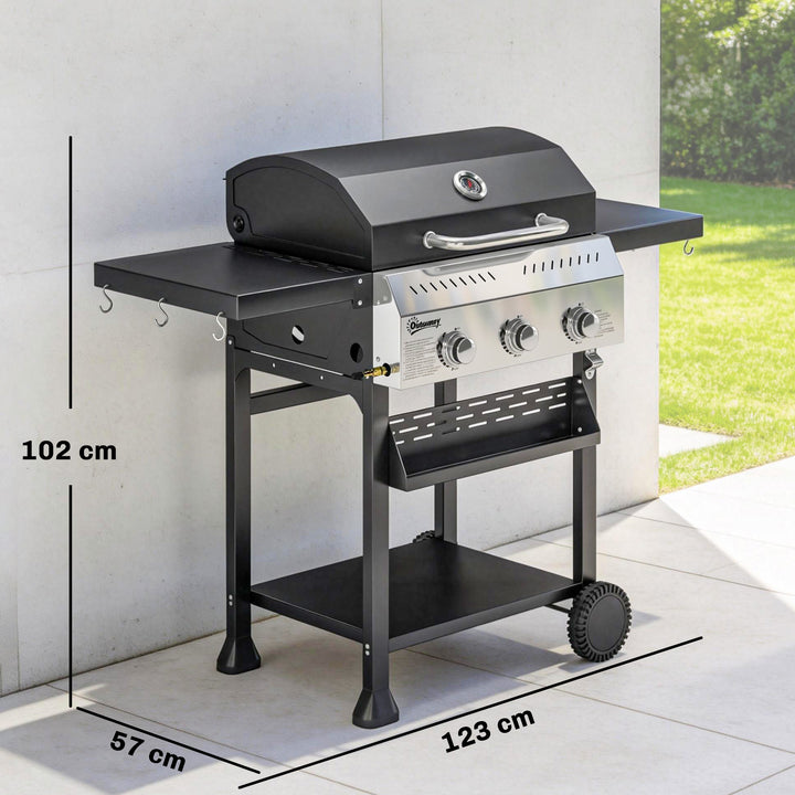 Gasgrill 9 KW 3 brændere BBQ grillvogn rustfrit stål inkl. foldbart sidebord krydderiholder nederste hylde 6 kroge