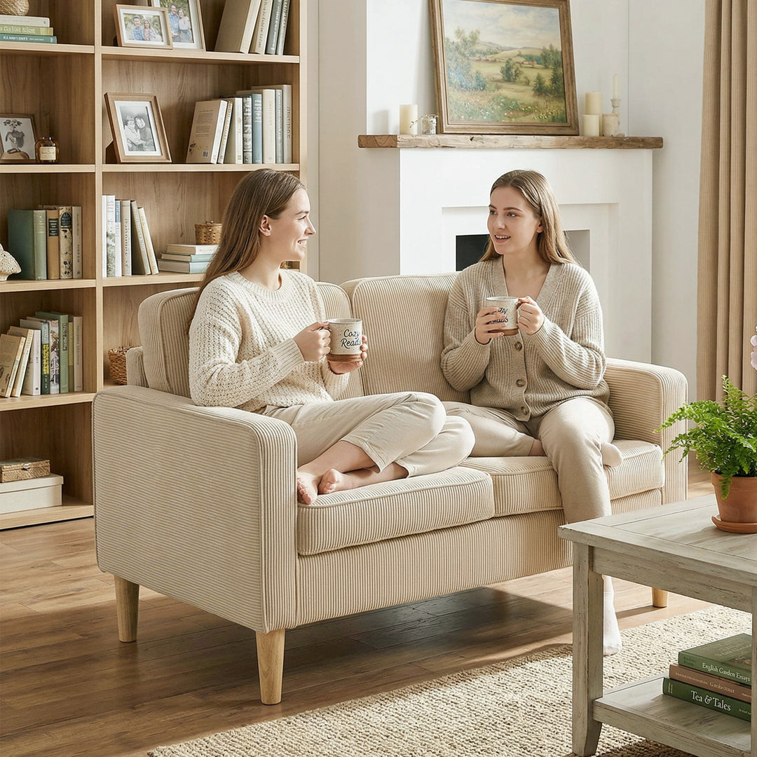 2-personers sofa med 2 puder, opbevaringsplads, ben i massivt træ, lille moderne loveseat, fløjlsbøjle, 117 x 63 x 79 cm, beige