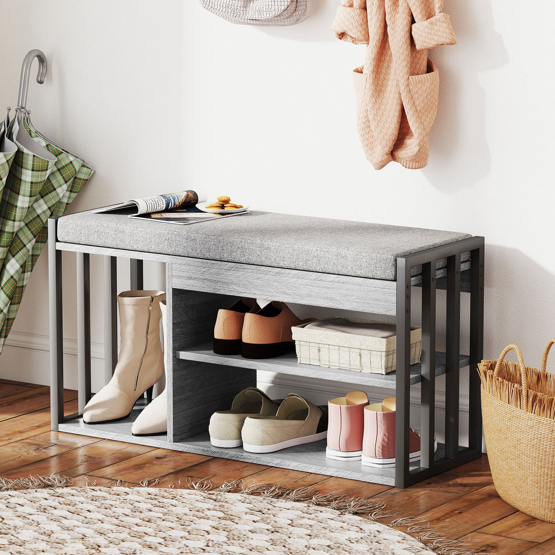 Skoreol med bænk, hylde til sko i gangen, skoskab med 3-lags design, til entré, stue, soveværelse, grå