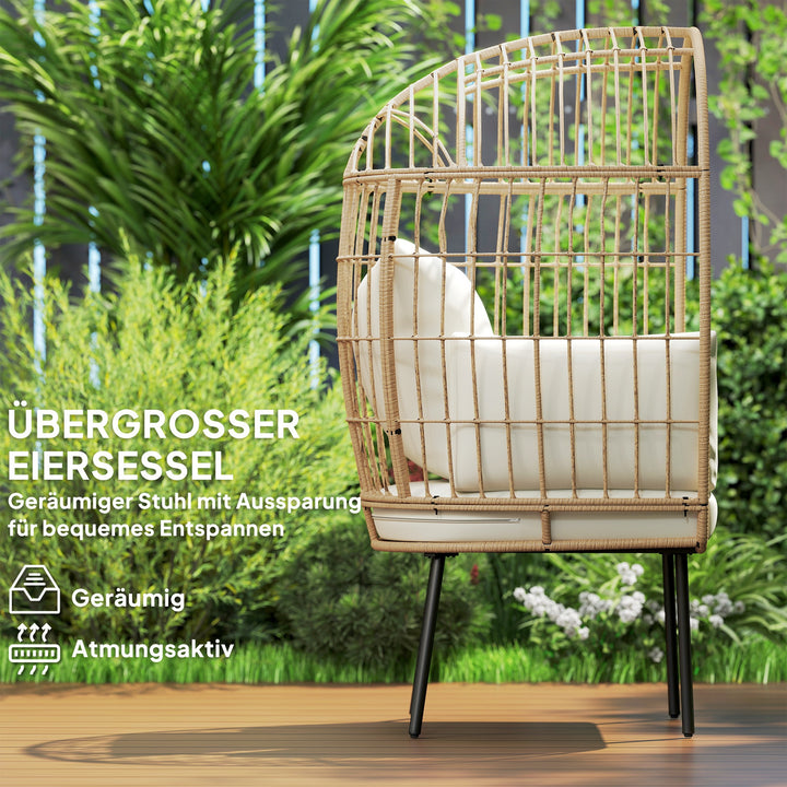 Ægformet rattanstol med aftagelig hynde, polstret udendørsstol lavet af rattan 95 x 80 x 155 cm beige