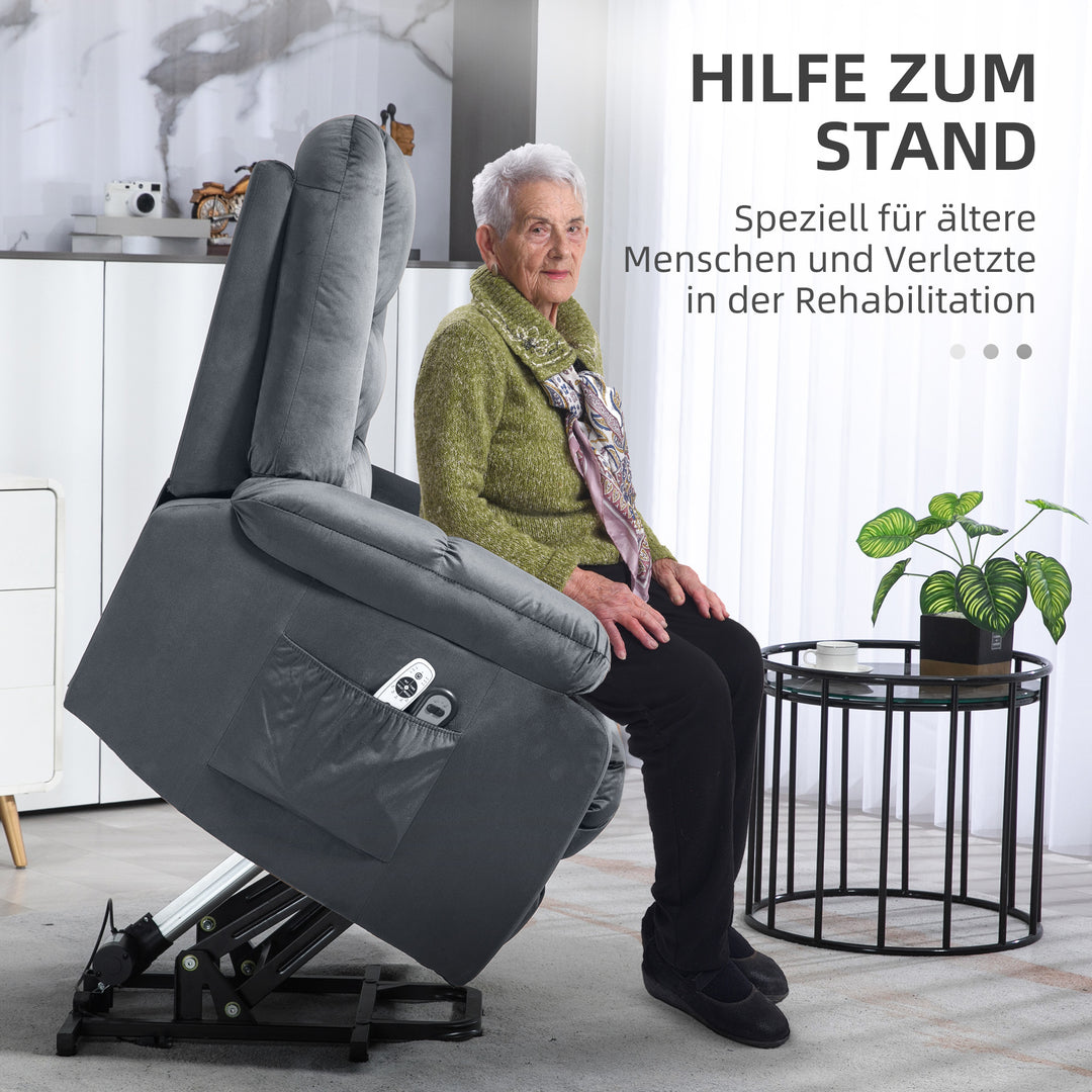 Massagestol stand-up aid seniorstol afslappende stol, 8 massagepunkter, 2 sidelommer, 85 cm x 94 cm x 107 cm, grå