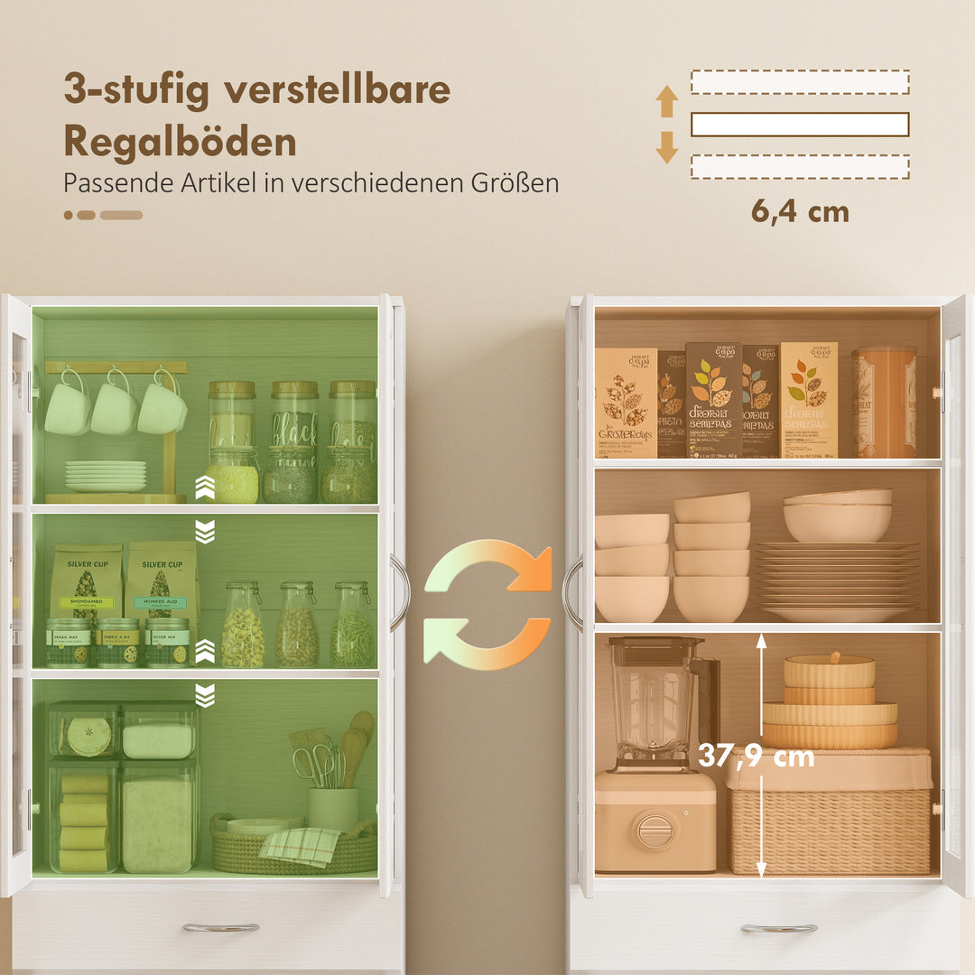 Køkkenskab, skænk med justerbar hylde, skuffe, 2 skabe, højskab med vitrinelåge, 60 x 35 x 180 cm, hvid