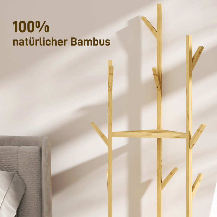 Tøjstativ, bambus træknagerække, 9 knager, 3 hylder, naturfarvet