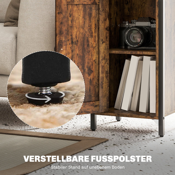 Sidebord med opbevaring, 2 åbne hylder, justerbar i 3 niveauer, magnetisk dør, brun