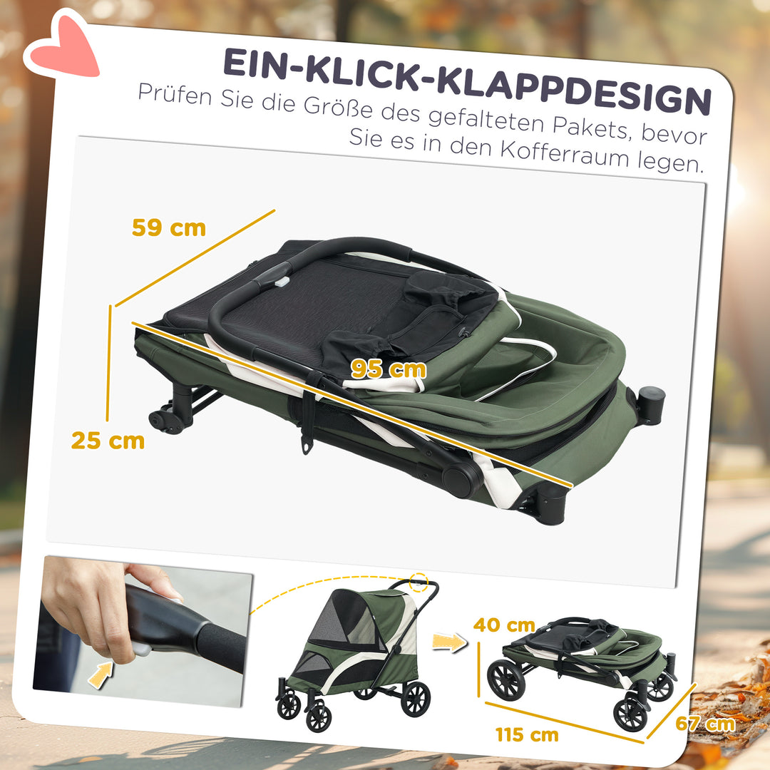 Hundeklapvogn, foldbar hundevogn til store hunde, kæledyrsklapvogn med 4 hjul, sikkerhedssnore, bremser, mørkegrøn