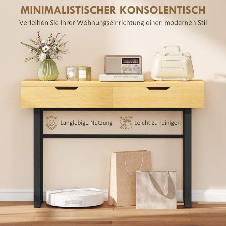 Konsolbord, smalt entrebord med 2 skuffer, metalstel, til entre, 110 x 35 x 76,5 cm, naturlig finish