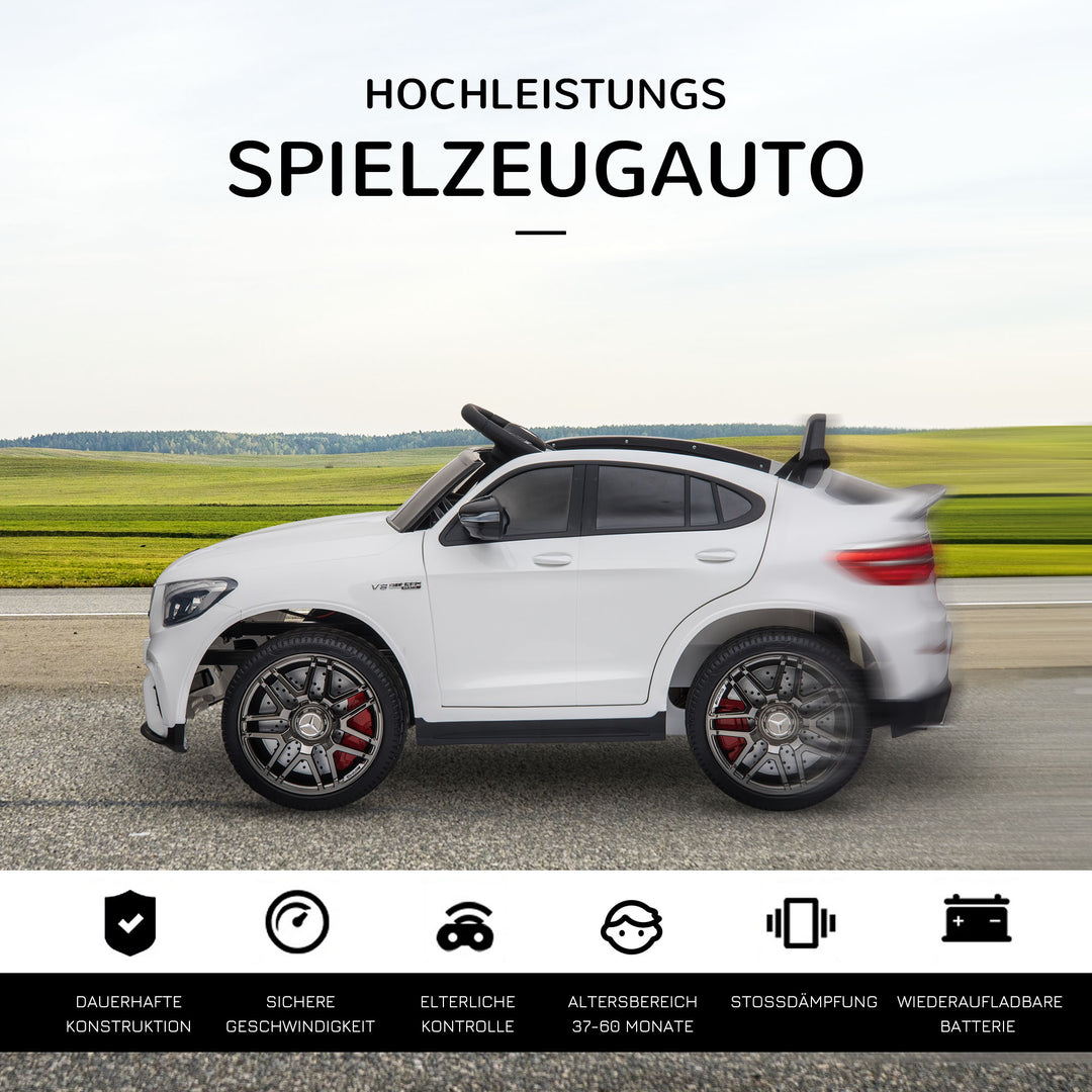 Børnebil 12v mercedes-benz amg glc63s coupe licenseret elbil med fjernbetjent sikkerhedssele 2 x 35w motorer mp337-60 måneder hvid 115 x 70 x 55 cm