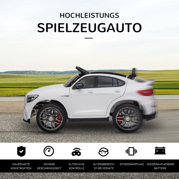 Børnebil 12v mercedes-benz amg glc63s coupe licenseret elbil med fjernbetjent sikkerhedssele 2 x 35w motorer mp337-60 måneder hvid 115 x 70 x 55 cm